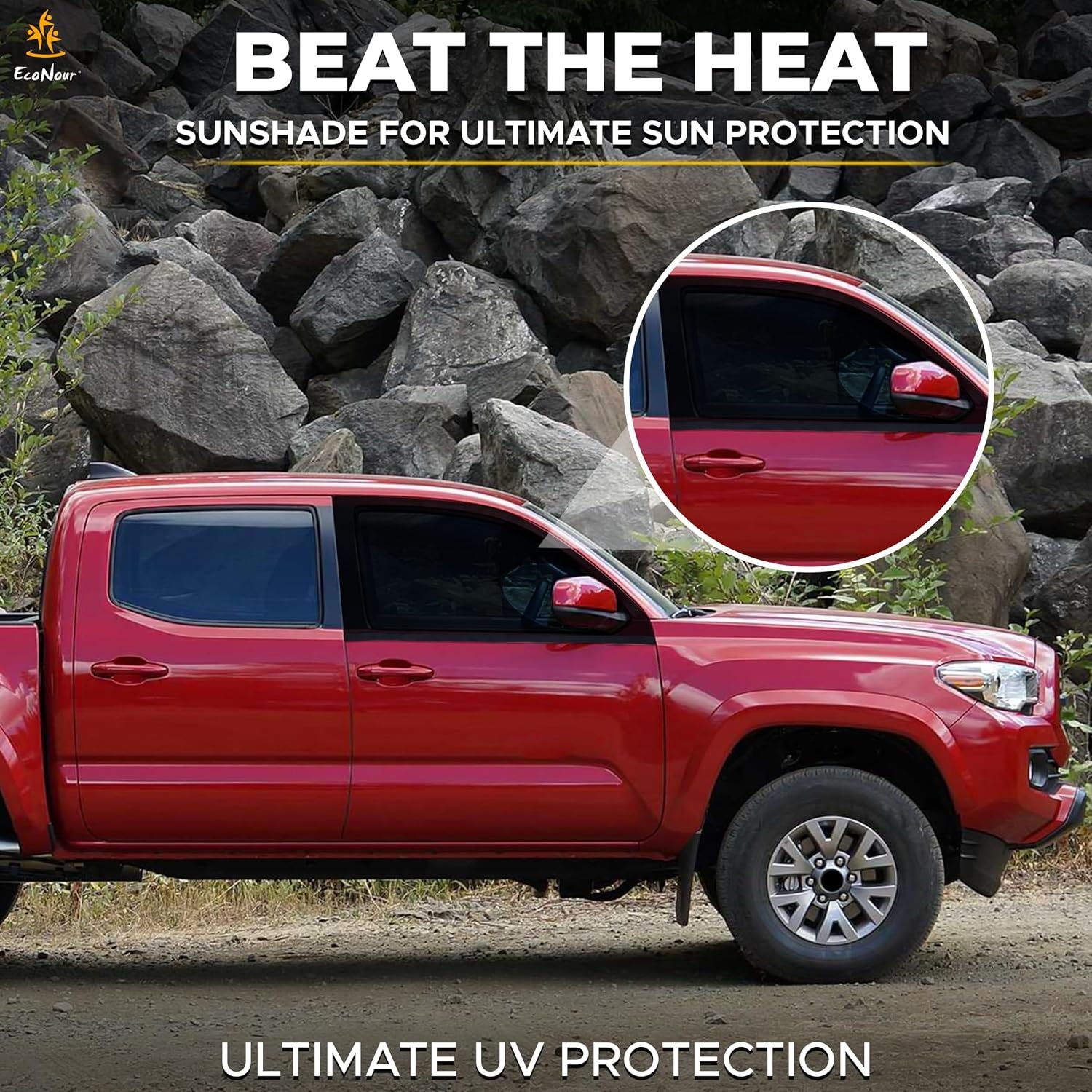 image:imageEcoNour Car Front Side Window Sun Shades Compatible for Toyota Tacoma 2 Pack Breathable Super Stretchy Mesh Sun Shade Heat Block UV Protection Car Window Screen Covers Mosquito Net CurtainsToyota Tacoma Front