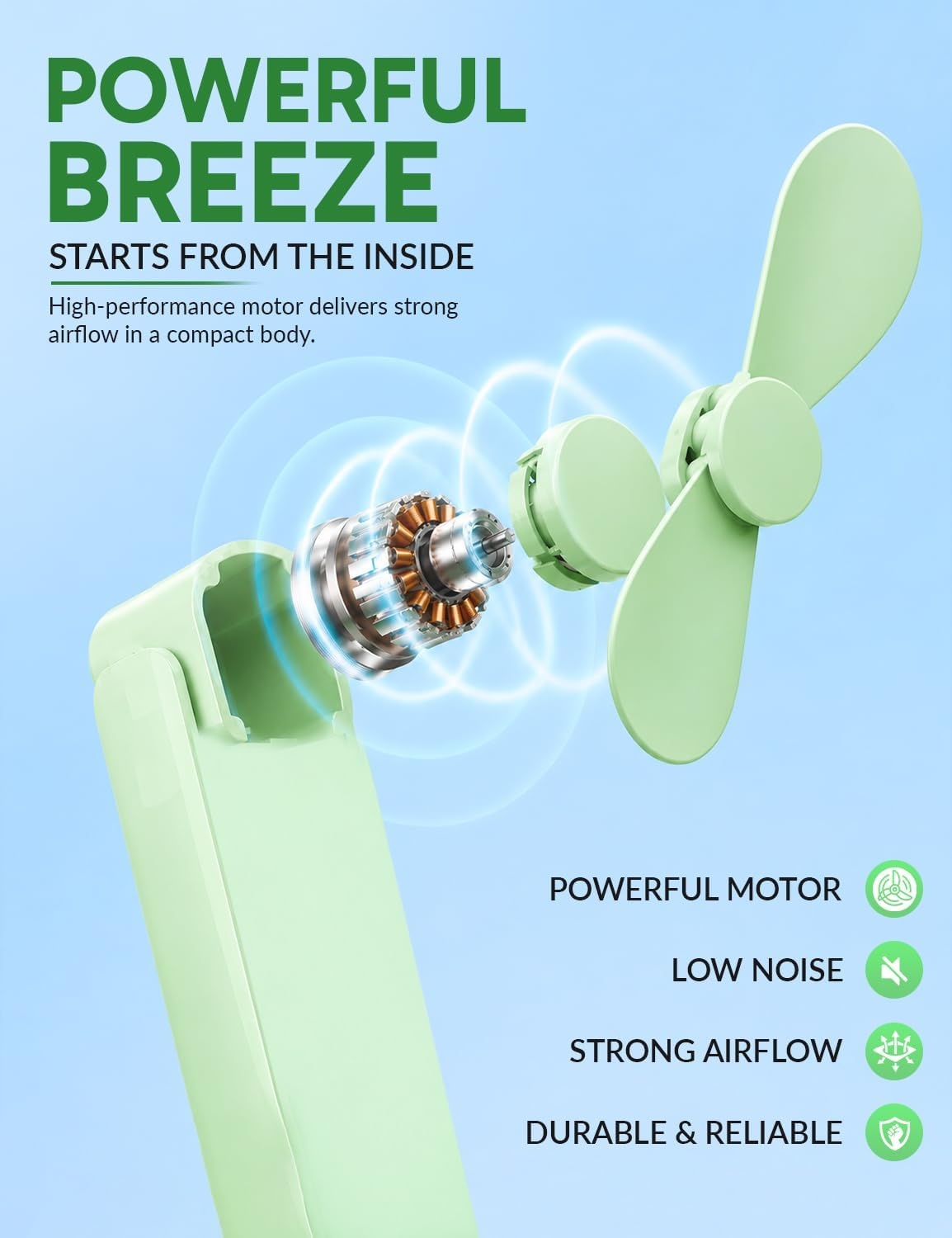 image:imageEcoNour Pocket Fan Pink Mini Handheld Personal Fan 3Speed Portable Cooling Fan for Travel Office amp OutdoorGreen
