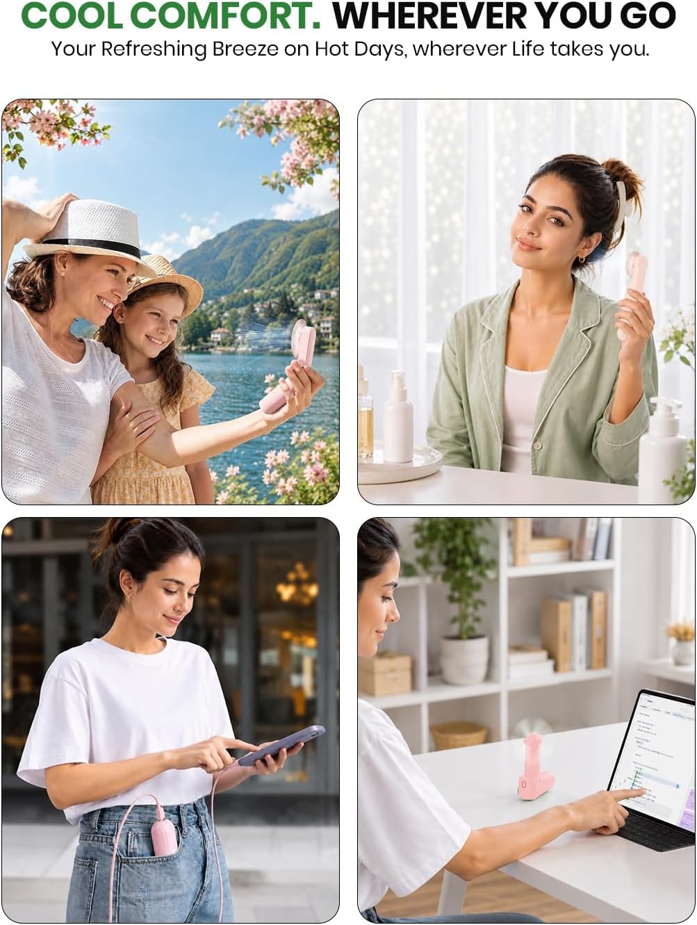 image:imageEcoNour Pocket Fan Pink Mini Handheld Personal Fan 3Speed Portable Cooling Fan for Travel Office amp OutdoorPink