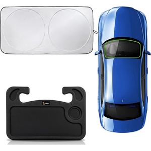 EcoNour Car Windshield Sun Shade (Medium Plus 64”x34”) + Car Steering Wheel Desk | Complete Sun Protection | Multipurpose Travel Car Accessories